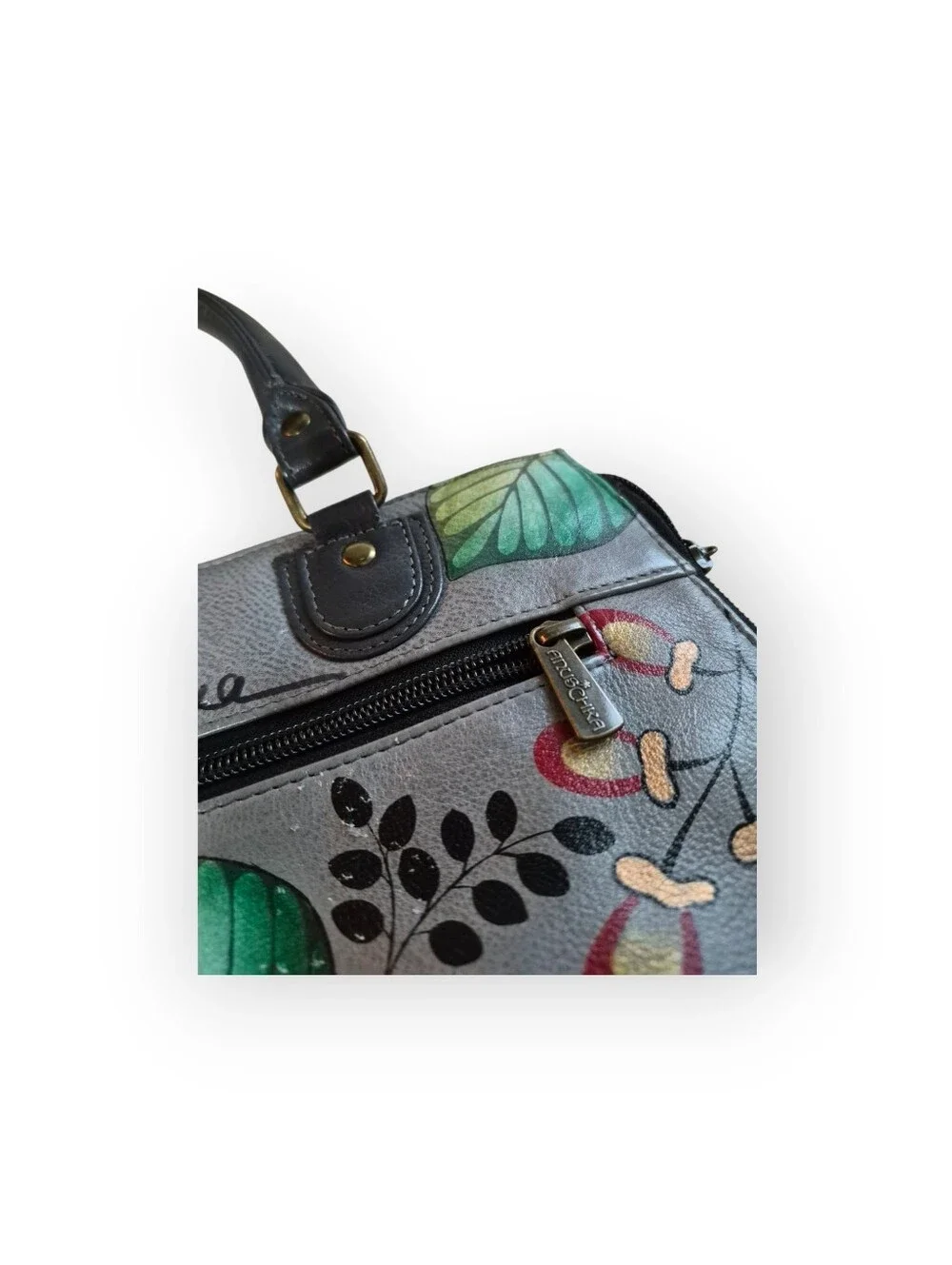 Anuschka Hand Painted Lg Leather Tote Garden Of Eden Grey/ Floral Pattern